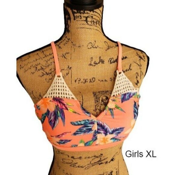 Girls Bikini Top Neon Floral Swimwear Bathing suit Top XL 14/16 NWT - Picture 1 of 9
